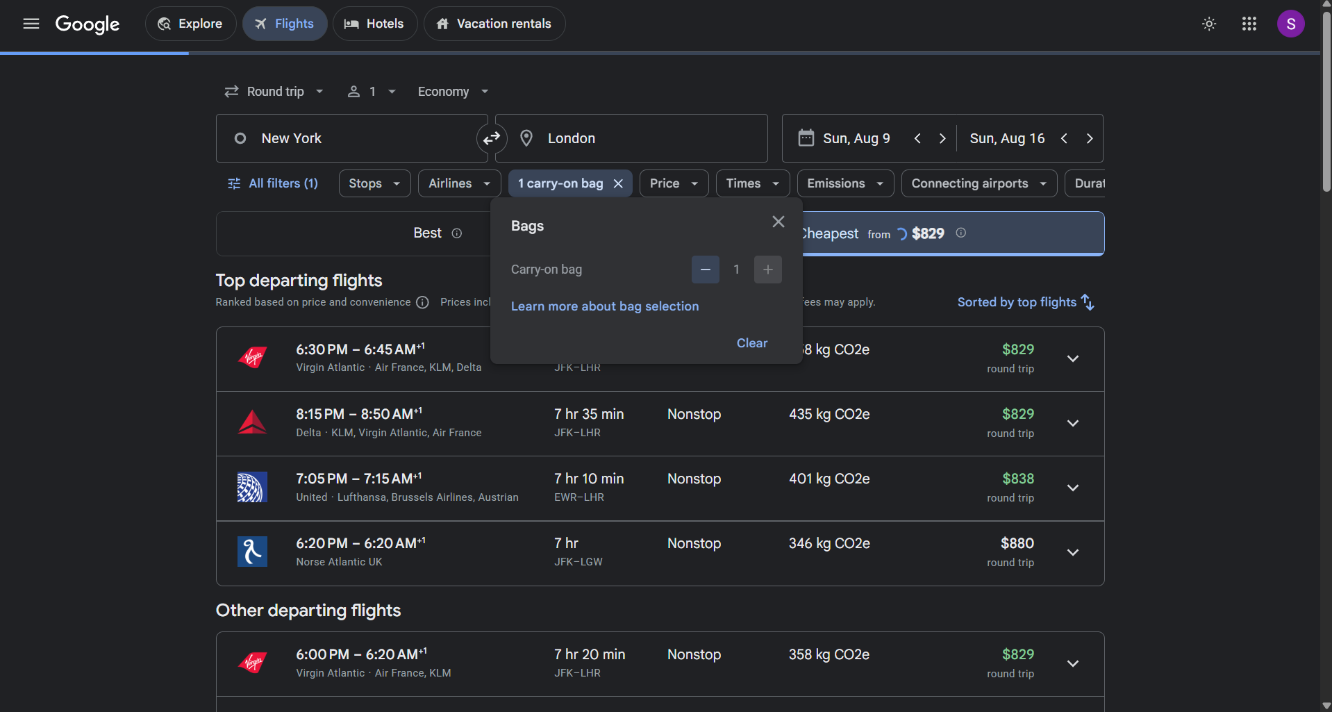 google flights airline selection
