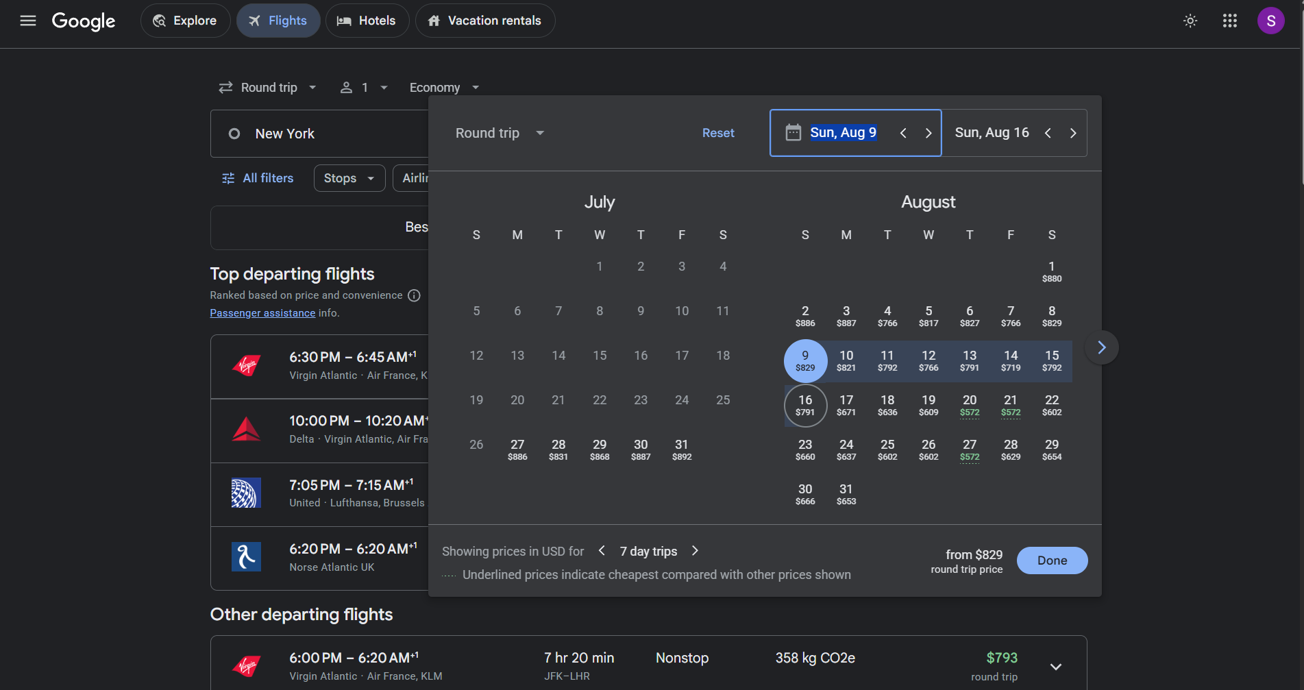 google flights date calendar
