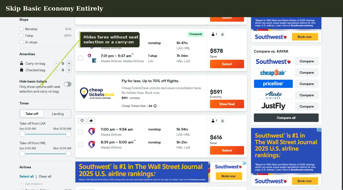 Skip basic economy entirely on Kayak flights — toggle Hide basic tickets to remove fares without seat selection or a carry-on bag