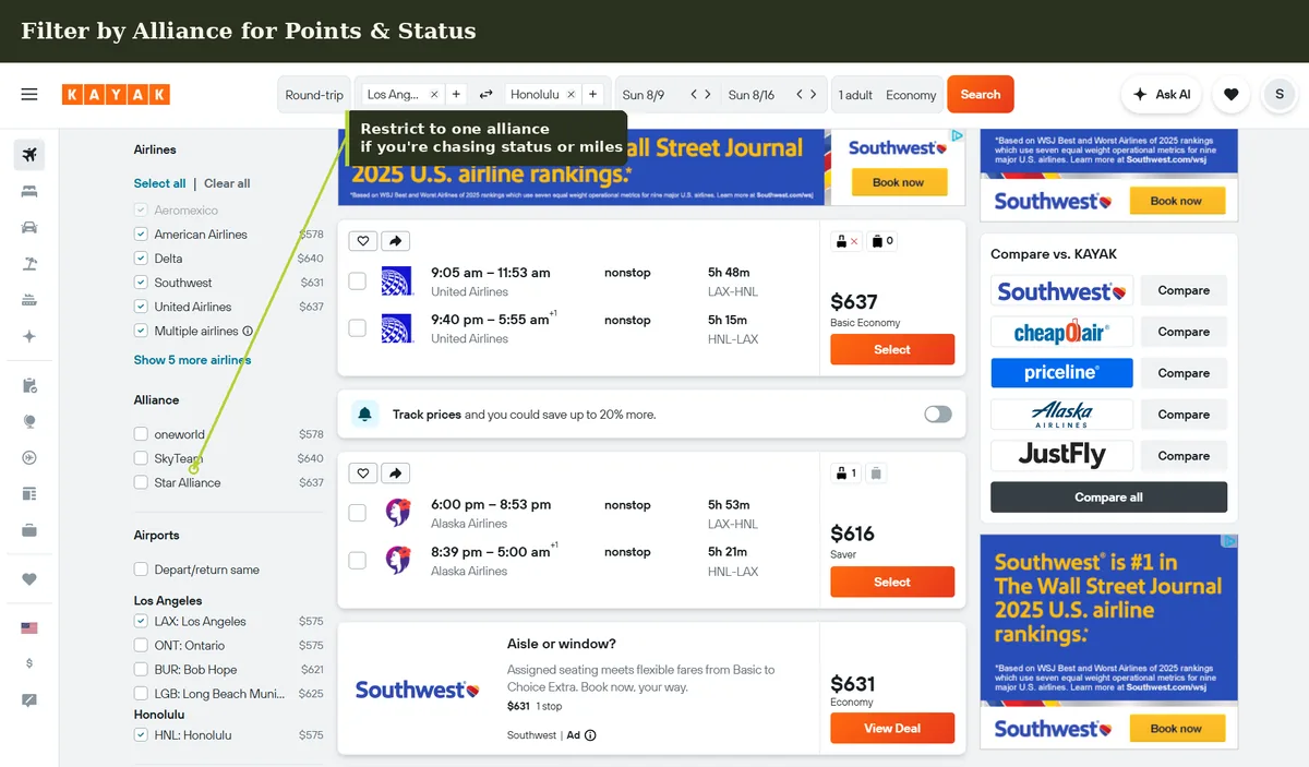 Filter by alliance for points and status on Kayak — restrict results to oneworld, SkyTeam, or Star Alliance airlines to earn or redeem miles