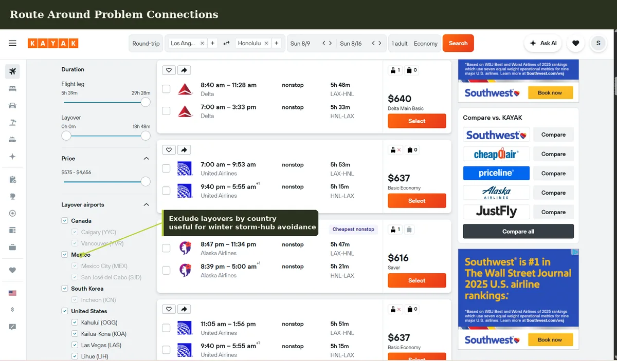 Route around problem connections on Kayak flights — exclude layover countries to avoid winter-storm hubs or long immigration queues