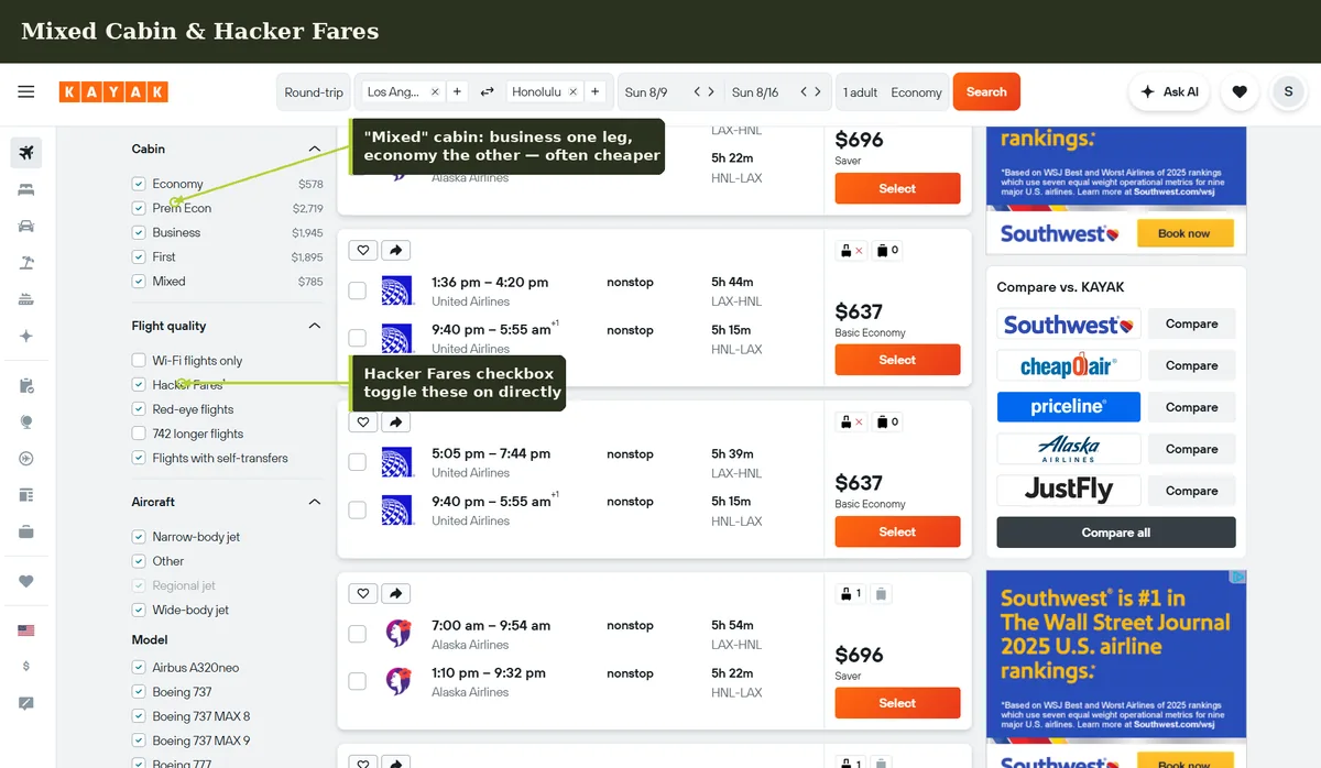 Mixed cabin and Hacker Fares on Kayak — combine business class one leg with economy the other for cheaper split-ticket fares